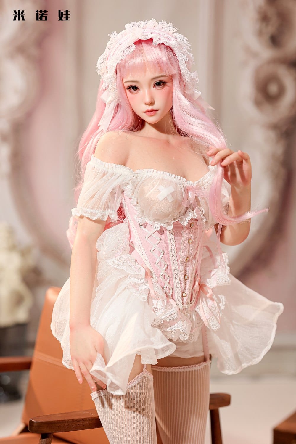 Figure in white lace dress standing