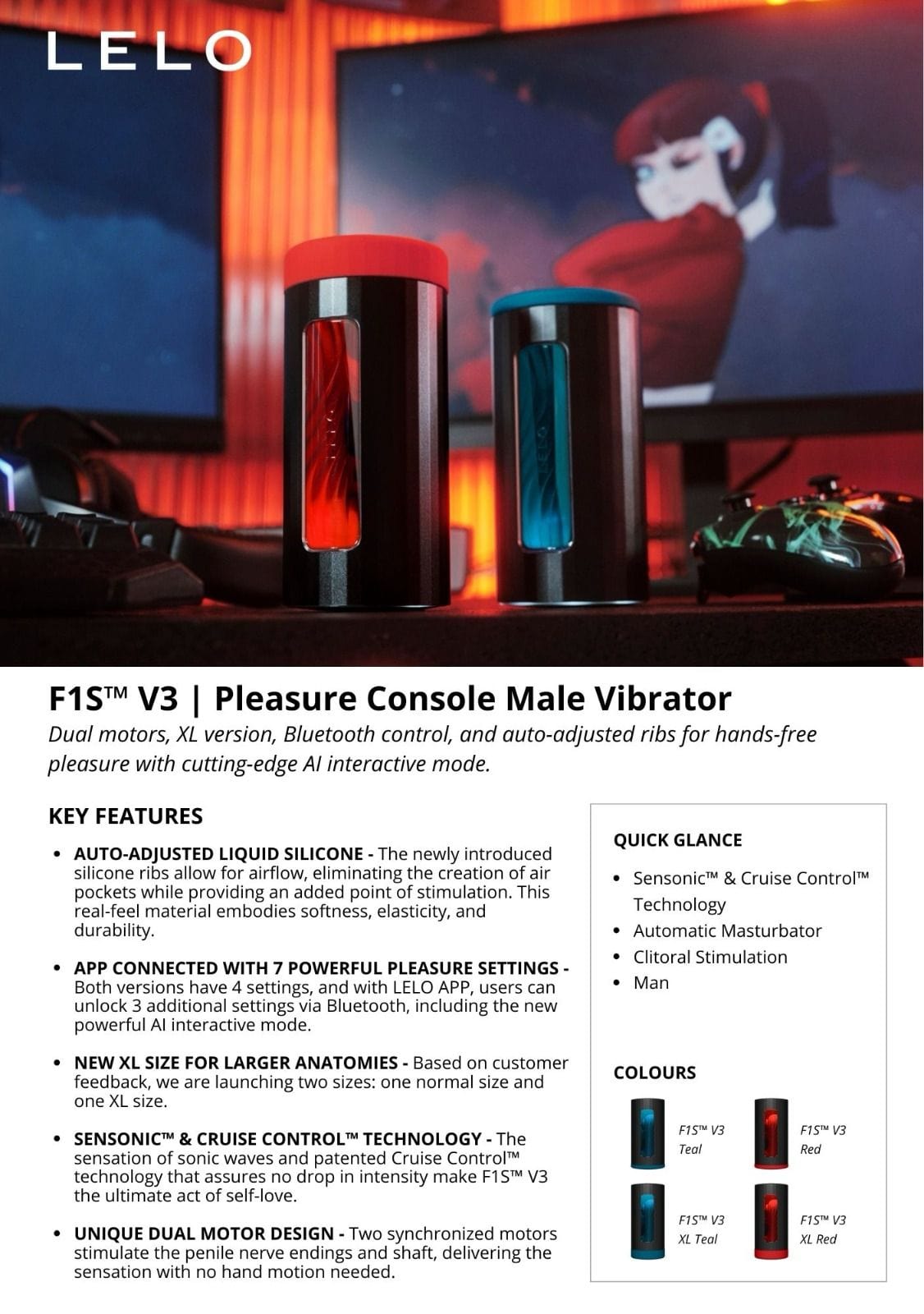 Lelo F1S™ V3  APP-CONTROLLED DUAL MOTOR MASTURBATOR WITH SENSONIC AND CRUISE CONTROL TECHNOLOGY TEAL