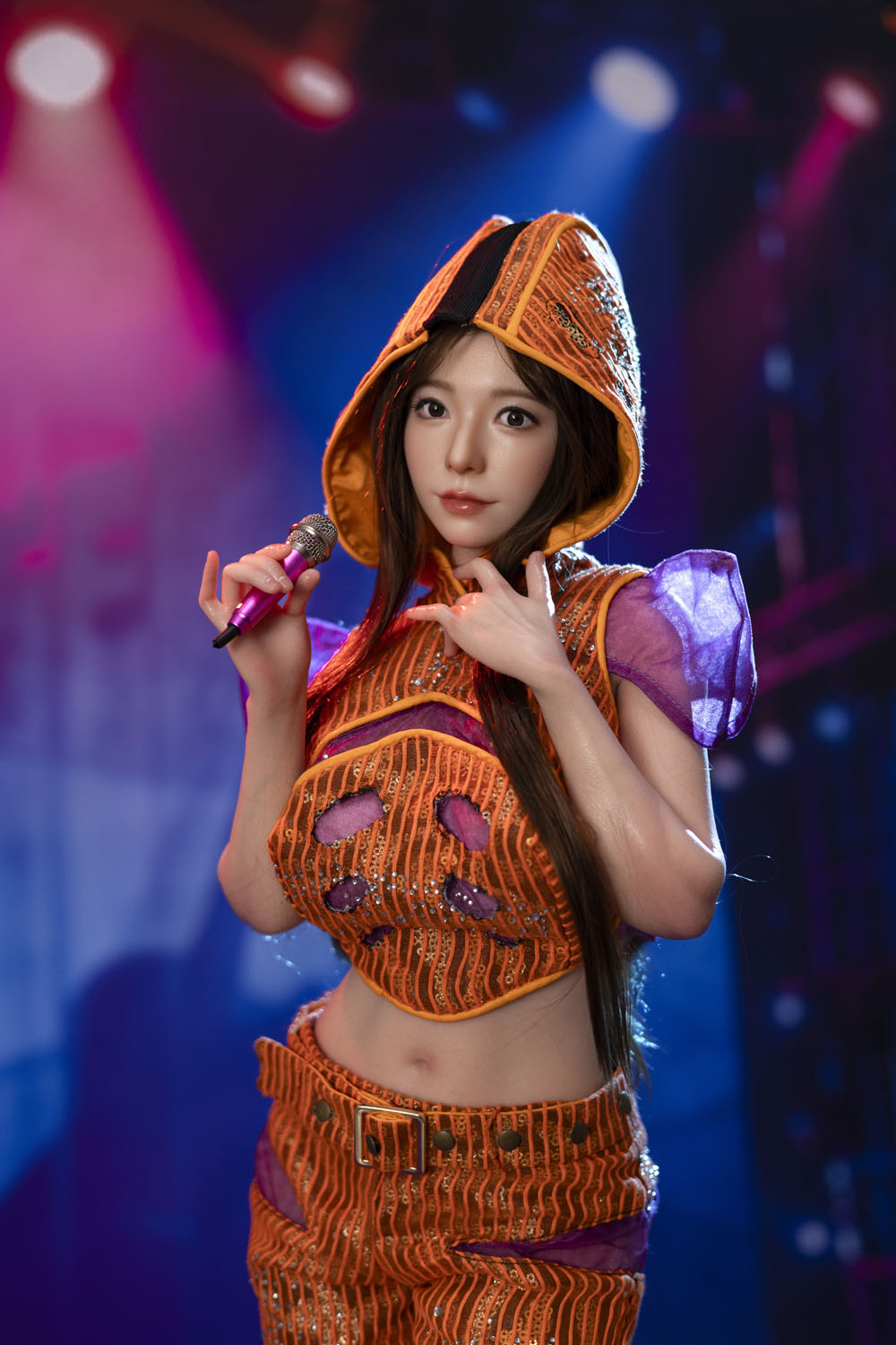 Collectible figure in hooded stage costume with microphone