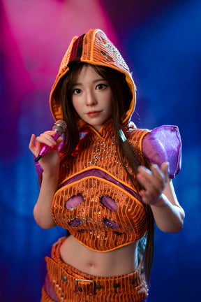 75cm collectible silicone figure in orange stage costume holding a microphone