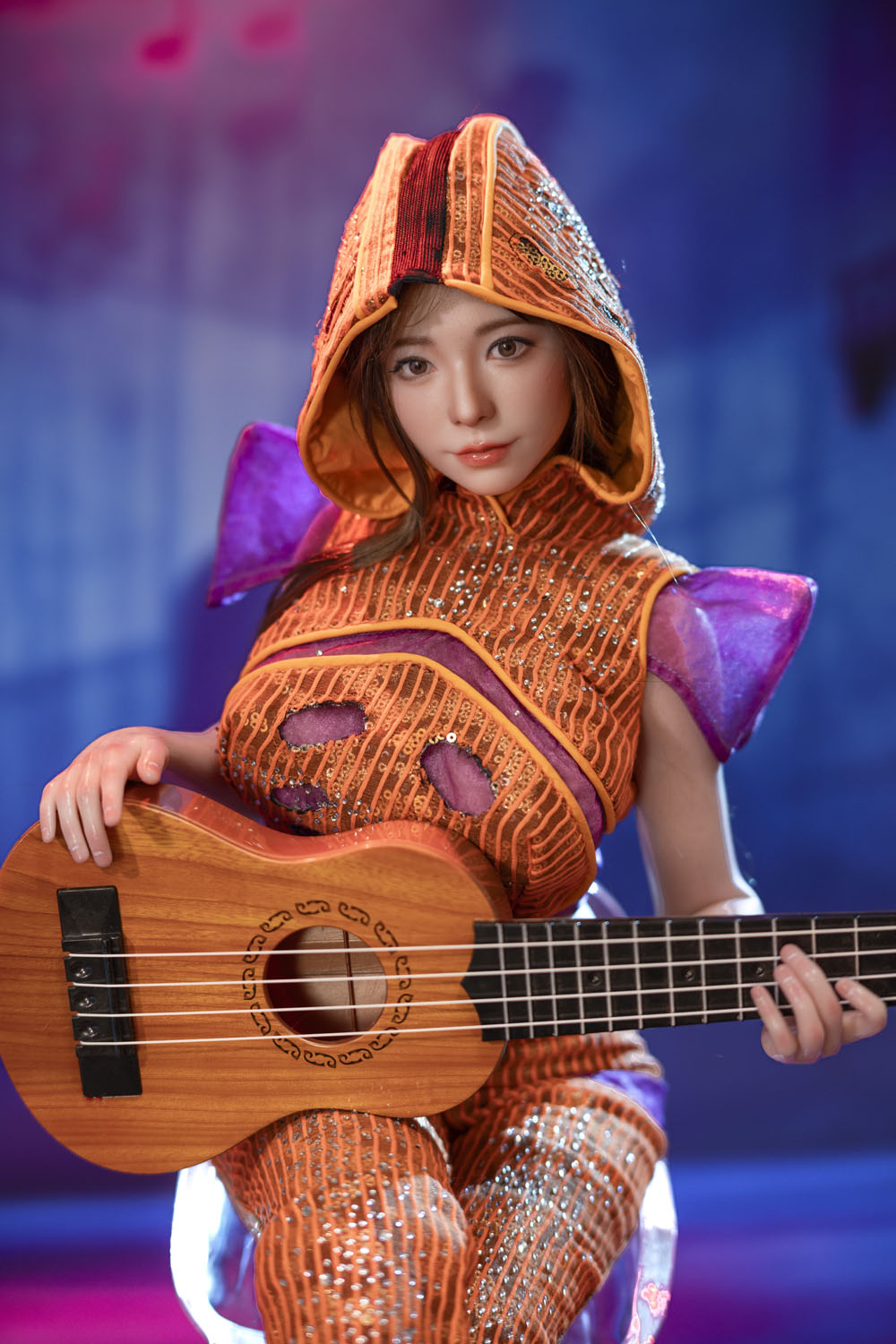 Close-up of hand-painted figure face with ukulele