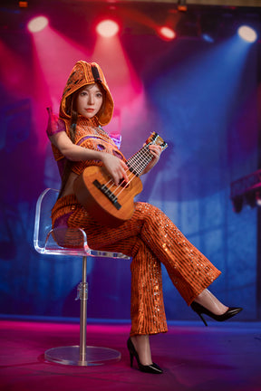 Collectible figure seated on clear stool with ukulele