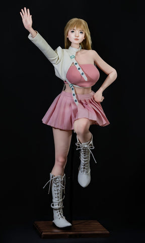Action pose in pink skirt and white boots