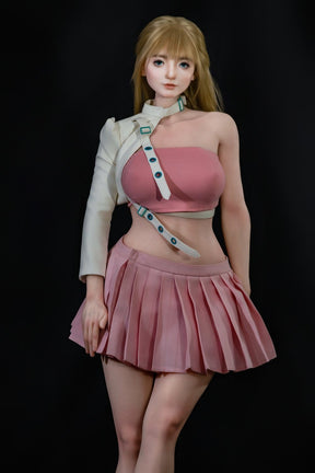 Figure in white jacket and pink pleated skirt