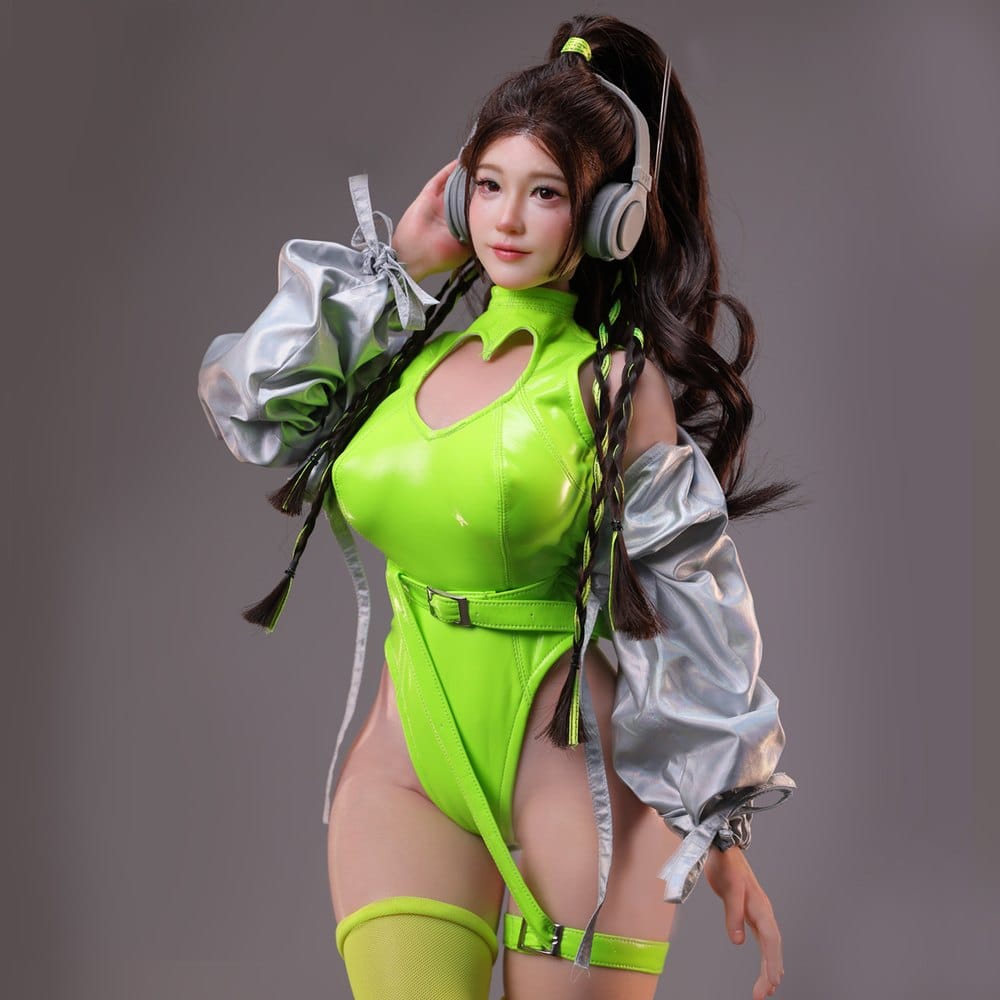 Figure in neon green outfit and silver jacket