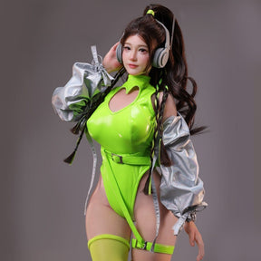 Figure in neon green outfit and silver jacket