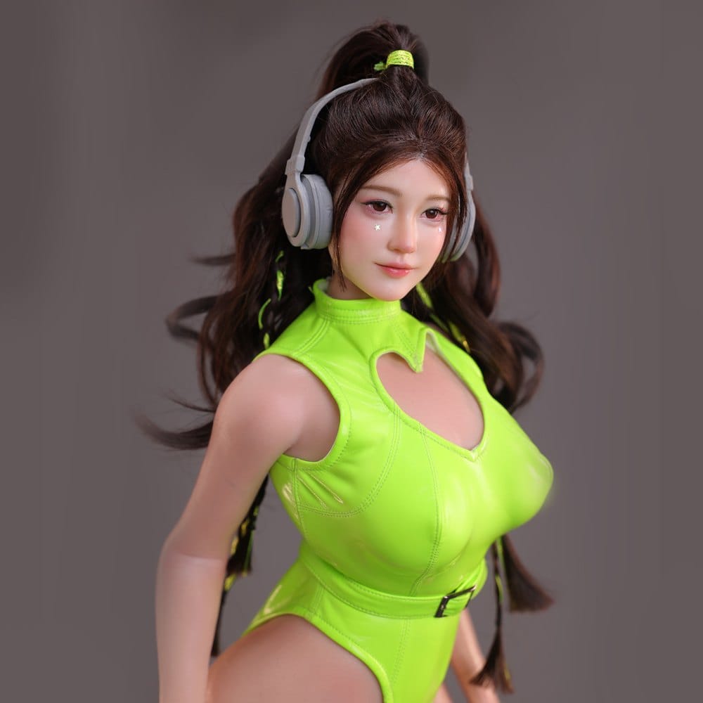 Figure with headphones in neon green outfit