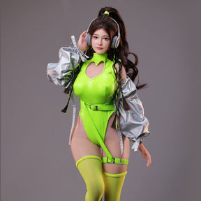 Standing figure in neon green with silver jacket