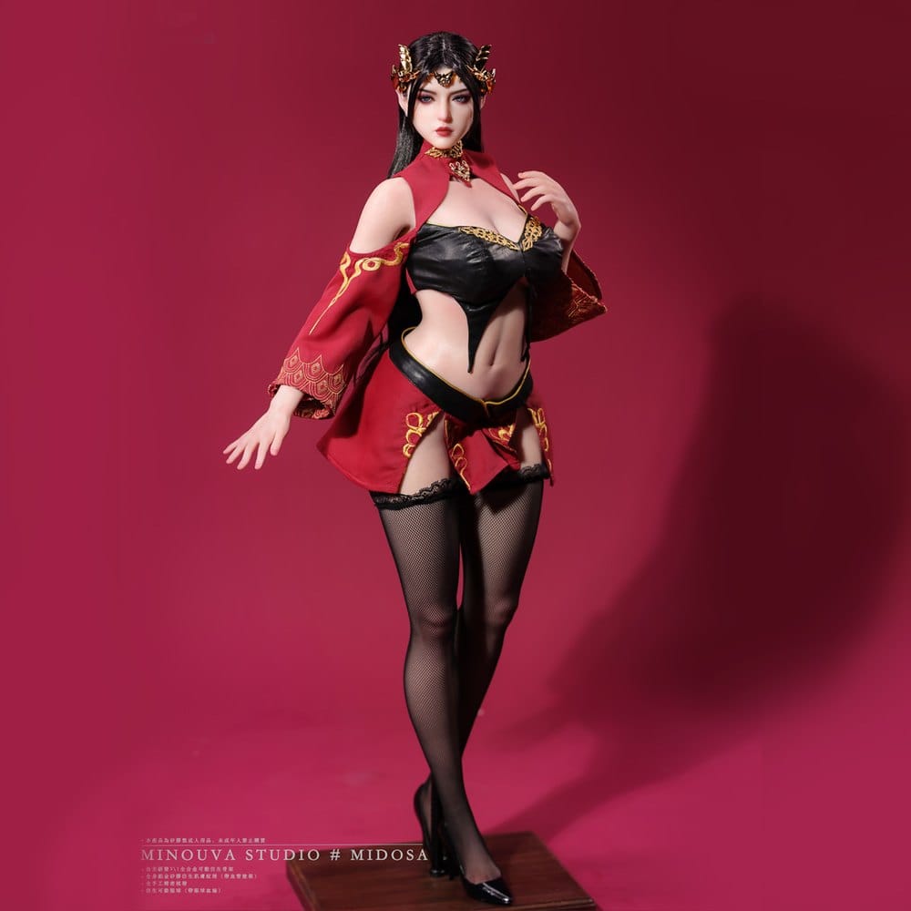 Standing figure in crimson and black costume