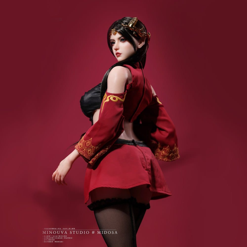 Three-quarter view of figure in crimson jacket