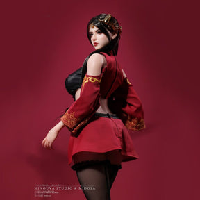Three-quarter view of figure in crimson jacket