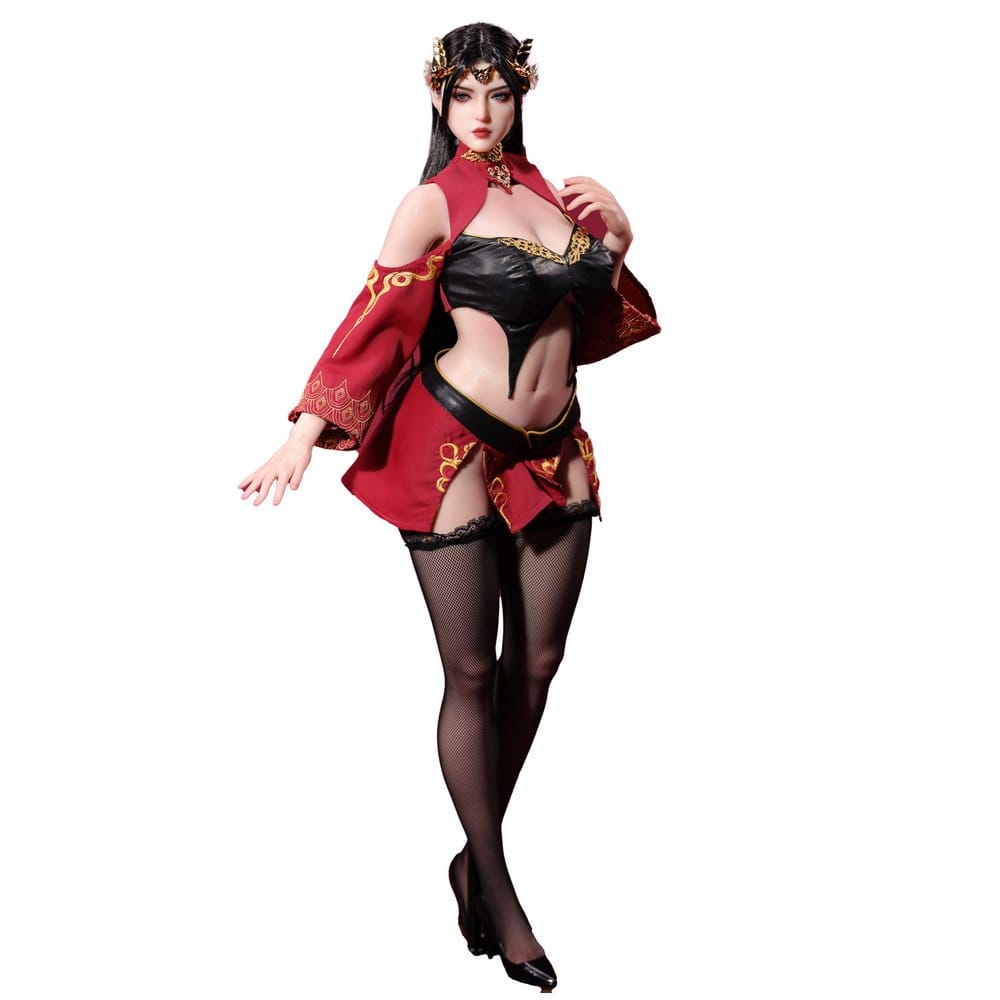 Full-length figure in crimson outfit on white background