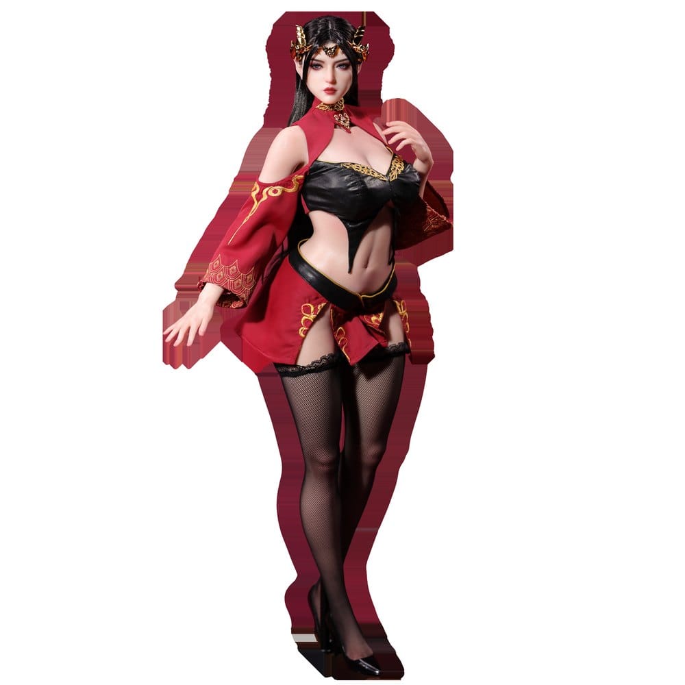 Back view of figure in crimson outfit on white background