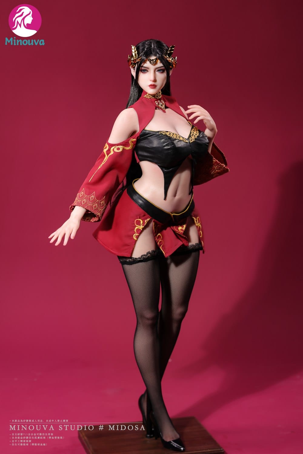 Full-length standing pose in crimson costume
