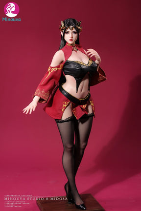 Full-length standing pose in crimson costume