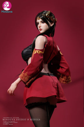 Side view of figure in crimson jacket