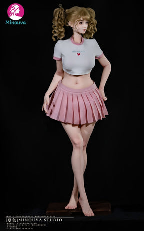 Standing figure in pink pleated skirt