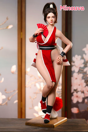 Full-length pose in crimson costume